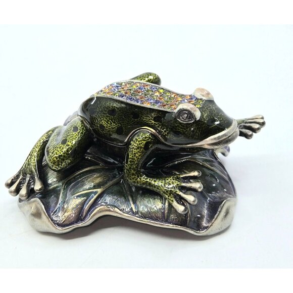 Jeweled Frog Trinket Box With Swarovski Crystals & Enamel Detailing On Leaf Base - Picture 3 of 11